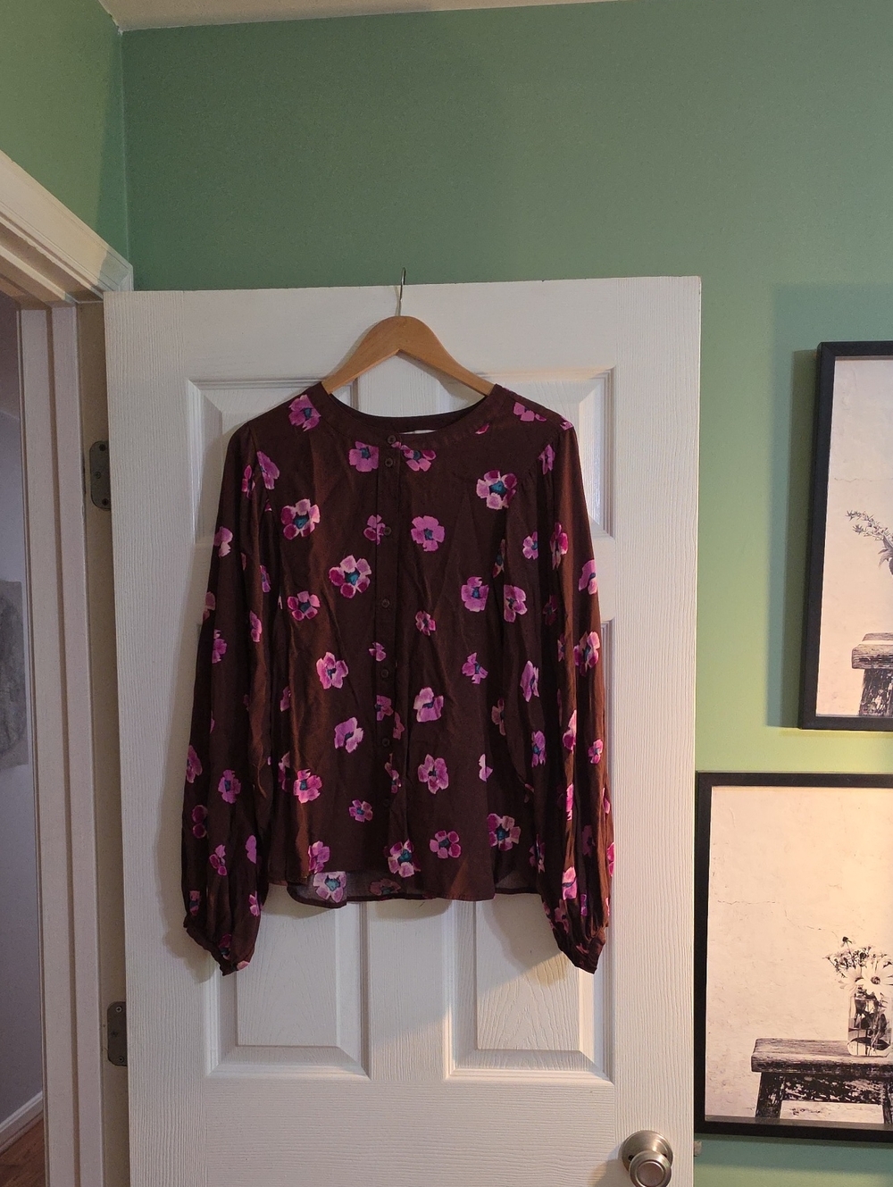 LOFT Brown Blouse with Pink Floral Print